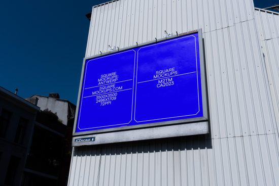 Blue billboard mockups on urban building facade for outdoor advertising, clear sky background, realistic design presentation, digital assets.